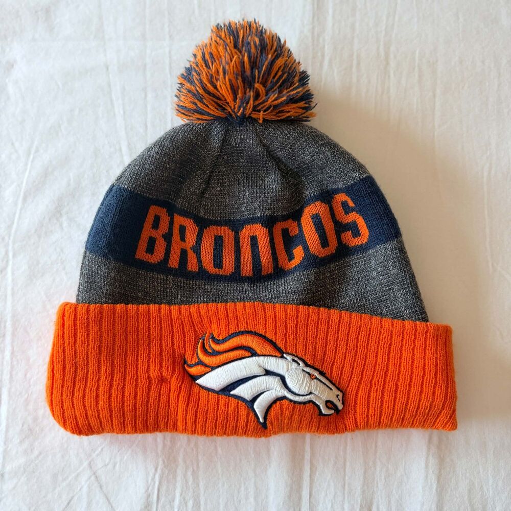 Denver Broncos New Era Beanie Hat Pom Cuffed NFL Knit Fleece Lined Orange Gray